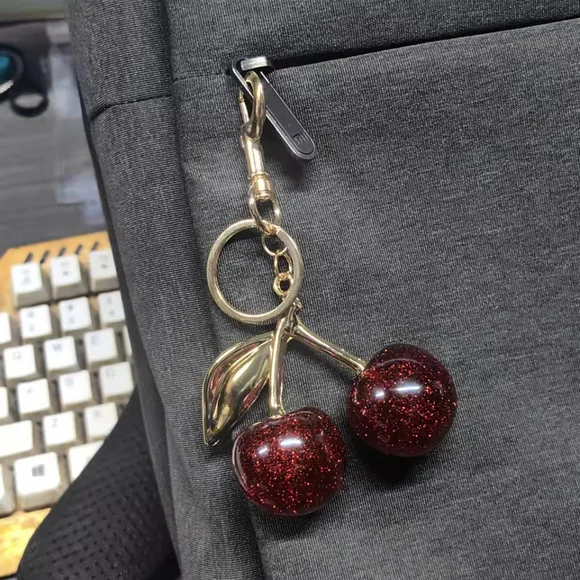Glitter Red And Gold Cherry Bag Charm Small - Picture 3 of 4